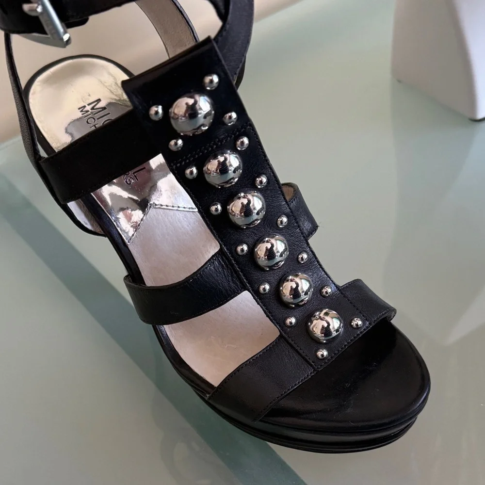 Michael Kors Black Leather Stiletto Sandals Size 9 Silver Studded Platform Heels